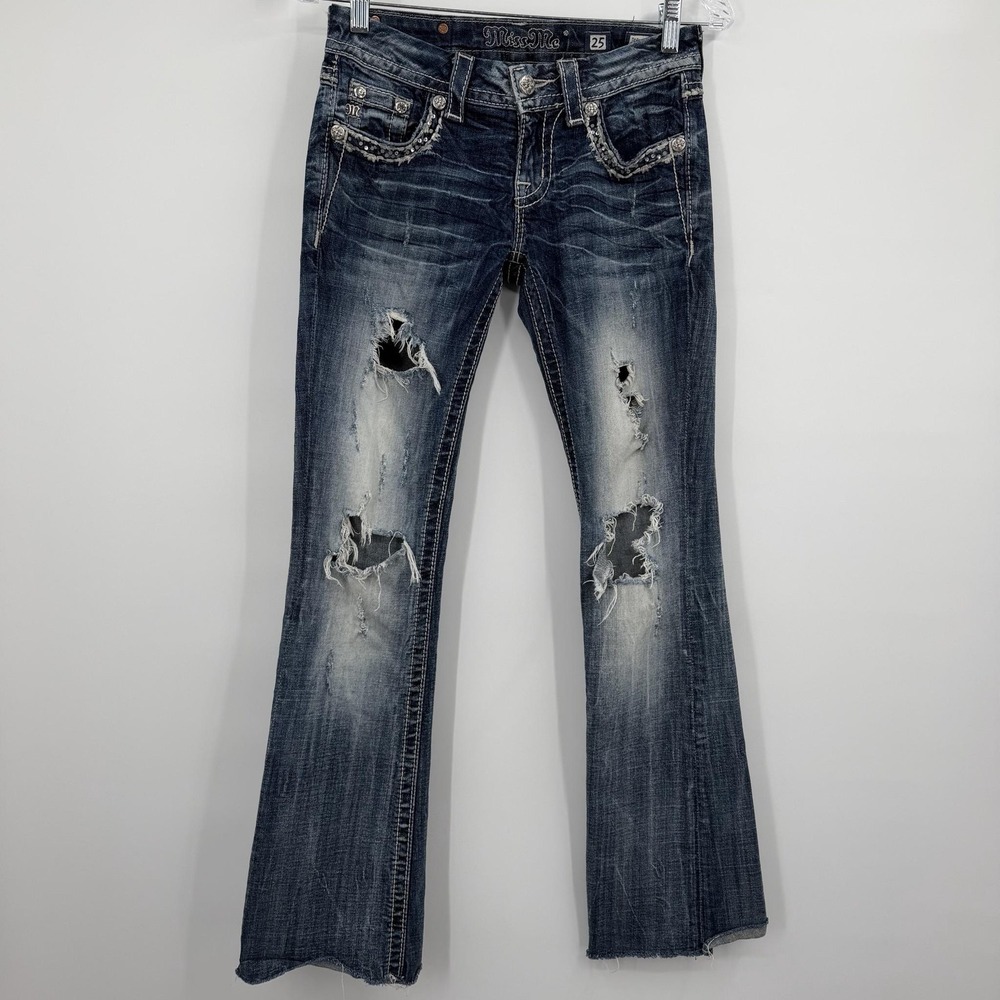 Miss Me Jeans Womens 25 Blue Bootcut Distressed Rhinestone Embroidered Low Rise